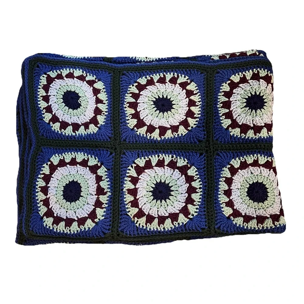 Vintage Crochet Granny Square Afghan Blanket Handmade Throw 86x62 Retro 70s HUGE